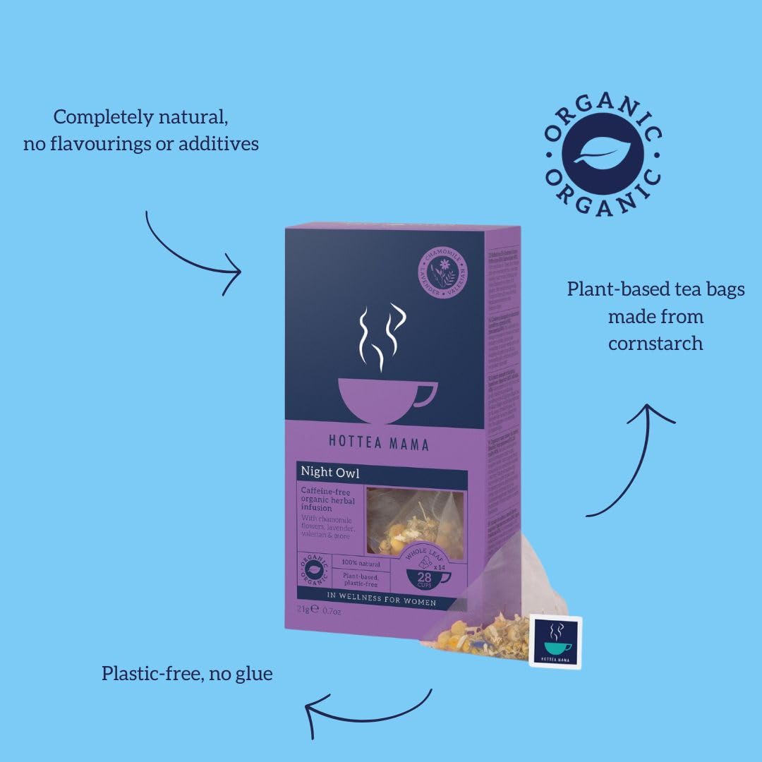 HOTTEA MAMA | Night Owl | Organic | Sleep Support Tea | Caffeine-Free | Postpartum & Breastfeeding Support | 14 Whole Leaf Biodegradable Bags (28 Cups Of Tea)