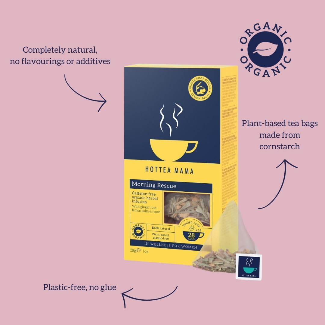 HOTTEA MAMA | Morning Rescue | Organic Lemon & Ginger Tea | Pregnancy Nausea Relief, Heart Burn, Digestion | Caffeine Free | 14 Whole Leaf Biodegradable Bags (28 Cups Of Tea)