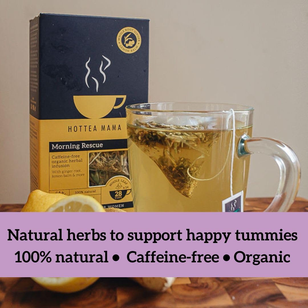 HOTTEA MAMA | Morning Rescue | Organic Lemon & Ginger Tea | Pregnancy Nausea Relief, Heart Burn, Digestion | Caffeine Free | 14 Whole Leaf Biodegradable Bags (28 Cups Of Tea)