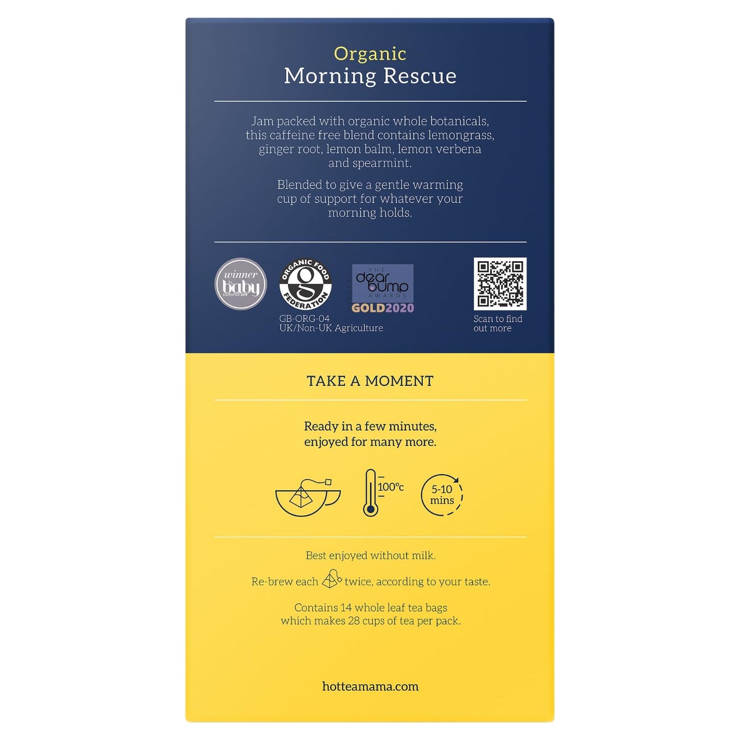 HOTTEA MAMA | Morning Rescue | Organic Lemon & Ginger Tea | Pregnancy Nausea Relief, Heart Burn, Digestion | Caffeine Free | 14 Whole Leaf Biodegradable Bags (28 Cups Of Tea)