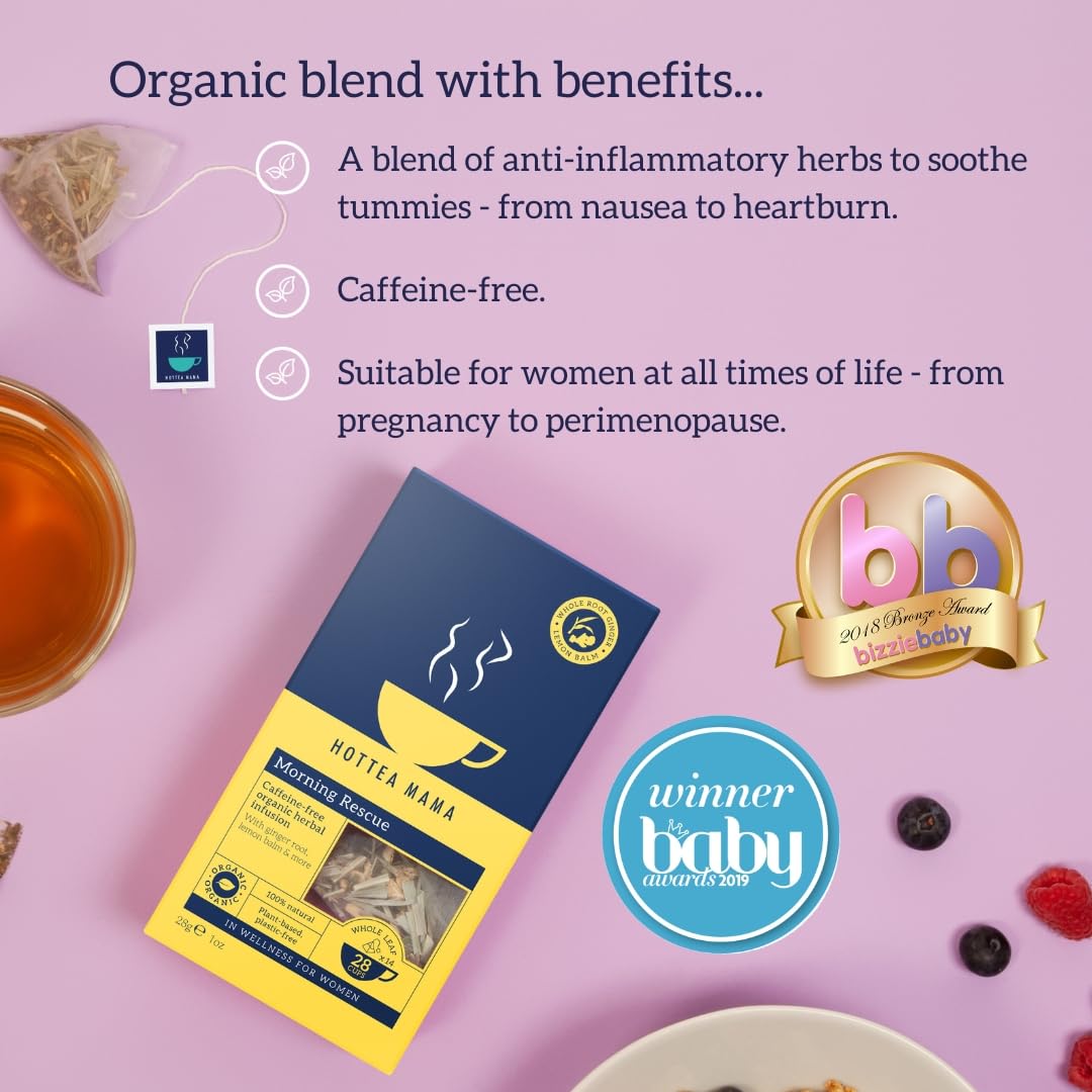 HOTTEA MAMA | Morning Rescue | Organic Lemon & Ginger Tea | Pregnancy Nausea Relief, Heart Burn, Digestion | Caffeine Free | 14 Whole Leaf Biodegradable Bags (28 Cups Of Tea)