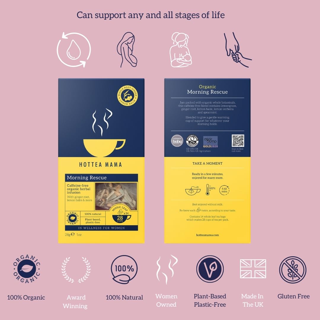 HOTTEA MAMA | Morning Rescue | Organic Lemon & Ginger Tea | Pregnancy Nausea Relief, Heart Burn, Digestion | Caffeine Free | 14 Whole Leaf Biodegradable Bags (28 Cups Of Tea)