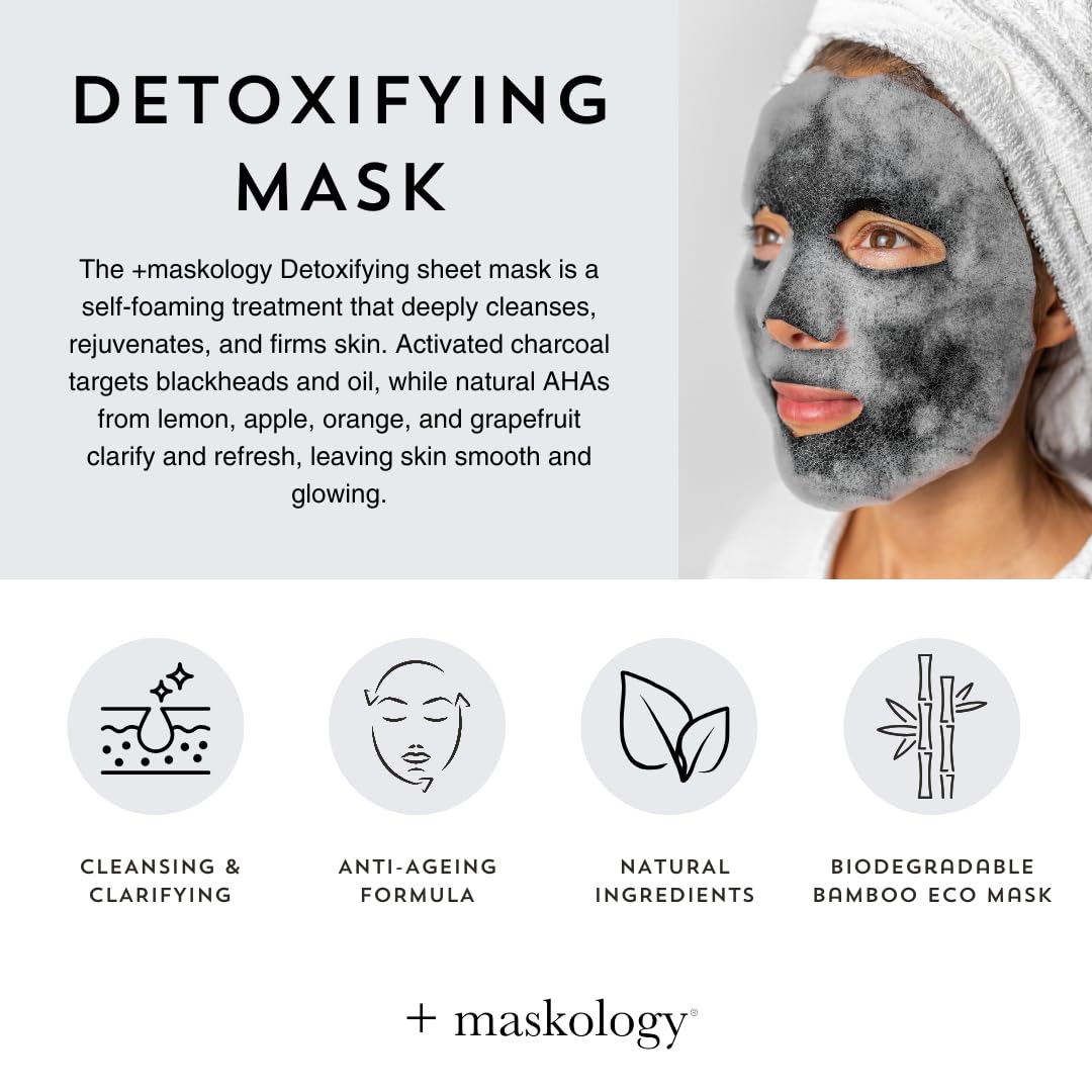 MASKOLOGY DETOXIFYING Professional Sheet Bubble Mask Pack of 1 | Charcoal Face Mask | Self-Foaming Face Sheet Mask Packs | 100% Plant Based | Bubble Sheet Mask |