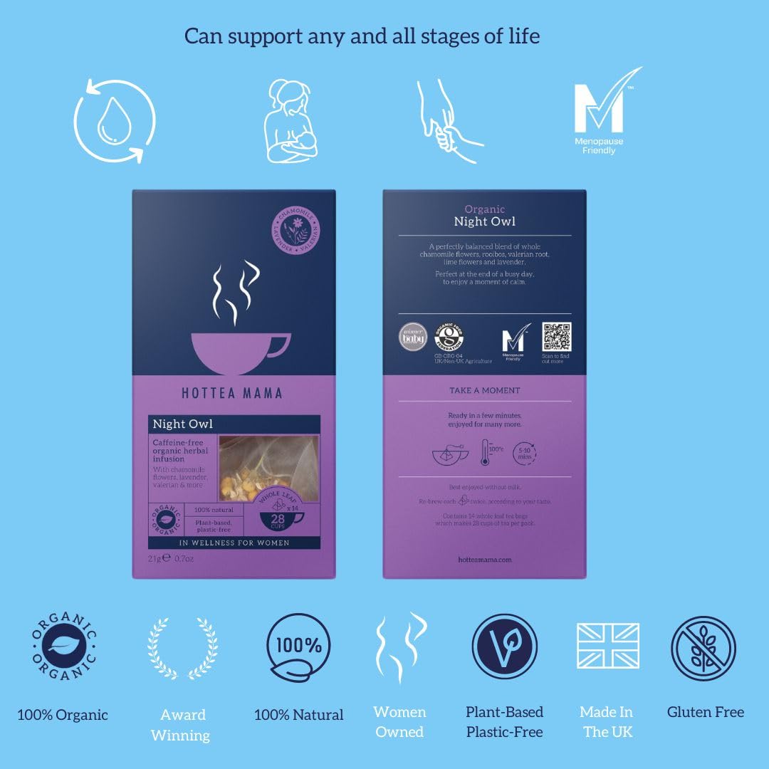 HOTTEA MAMA | Night Owl | Organic | Sleep Support Tea | Caffeine-Free | Postpartum & Breastfeeding Support | 14 Whole Leaf Biodegradable Bags (28 Cups Of Tea)