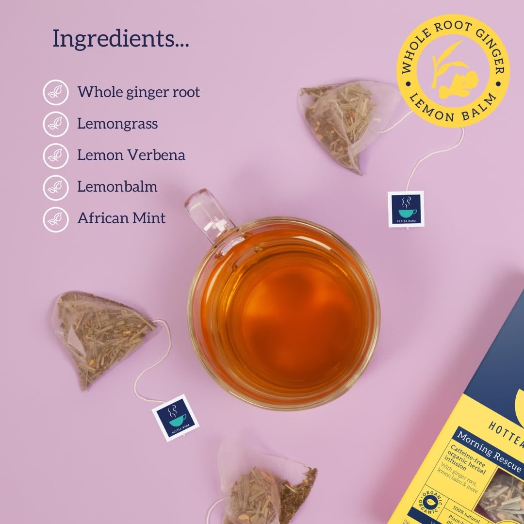 HOTTEA MAMA | Morning Rescue | Organic Lemon & Ginger Tea | Pregnancy Nausea Relief, Heart Burn, Digestion | Caffeine Free | 14 Whole Leaf Biodegradable Bags (28 Cups Of Tea)