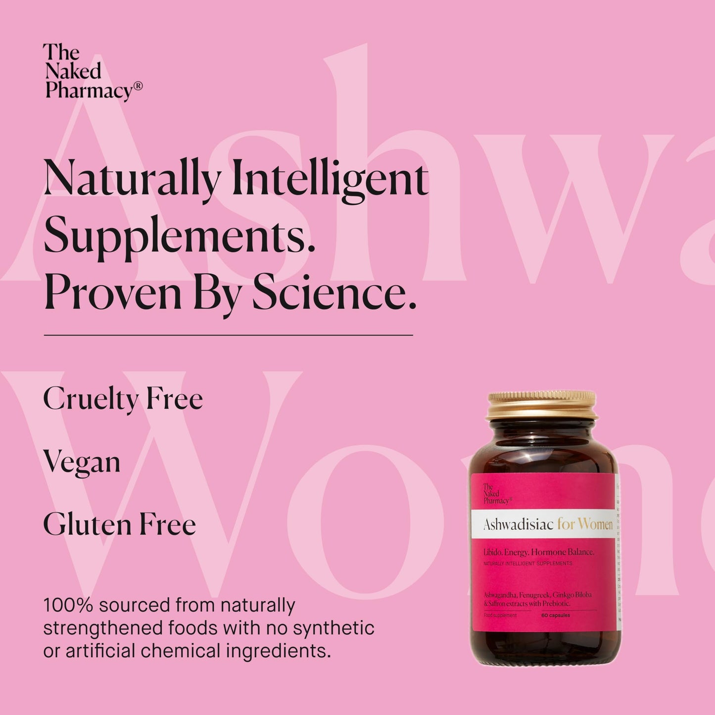 The Naked Pharmacy | Ashwadisiac for Women | Energy & Balance | Saffron, Ashwagandha, Fenugreek & Prebiotic | High Strength | Natural No Additives | 60 Capsules