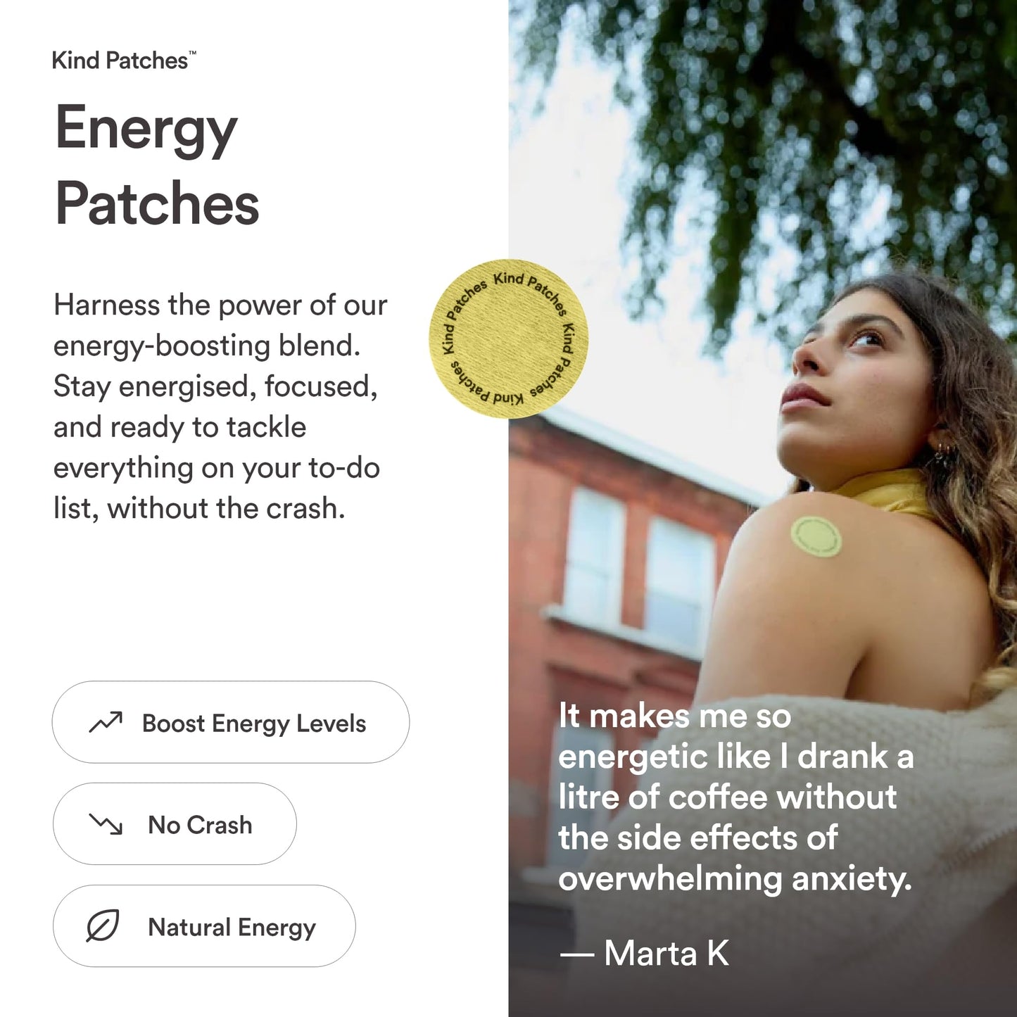 Kind Patches | Energy Patches - Extra Strong | Energy Boost Support | Botanical Plant-Based Formula with Caffeine, Red Ginseng & Vitamin B Complex | 30 Vegan Patches