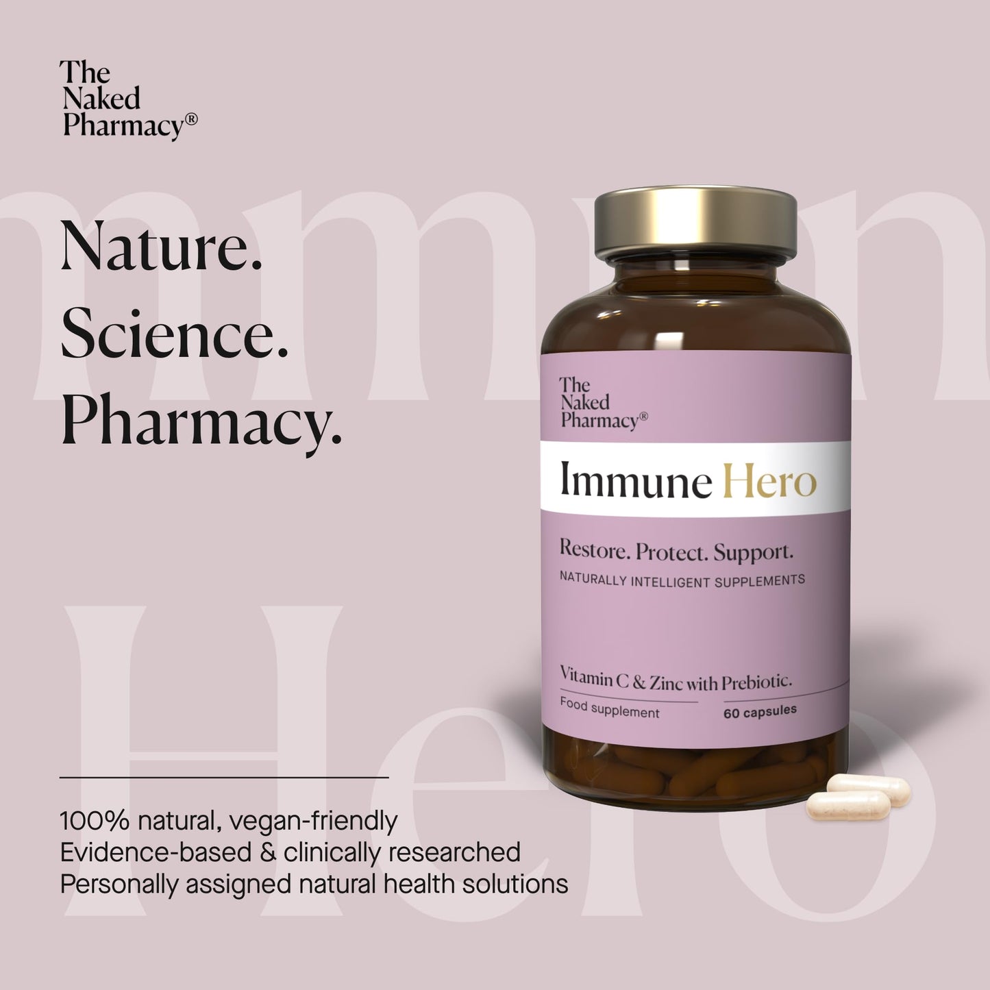 The Naked Pharmacy | Immune Hero for Adults | Natural Immunity Booster | Vitamin C, Zinc & Prebiotic | Energy & Fatigue | Collagen Supplement | No Additives | Vegan | 60 Capsules