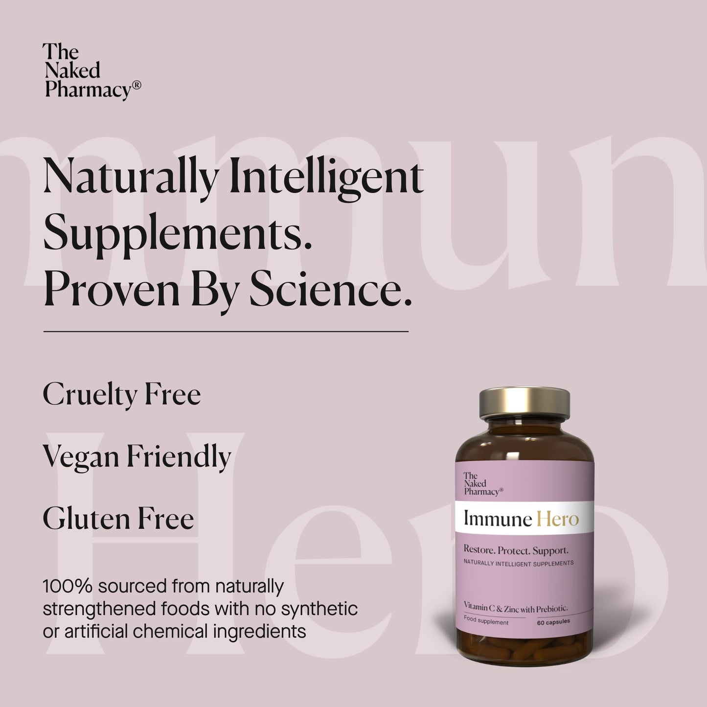 The Naked Pharmacy | Immune Hero for Adults | Natural Immunity Booster | Vitamin C, Zinc & Prebiotic | Energy & Fatigue | Collagen Supplement | No Additives | Vegan | 60 Capsules