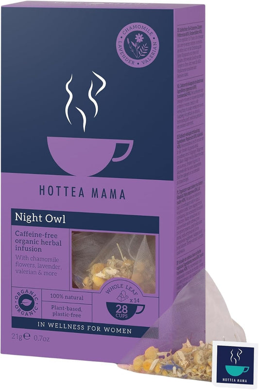 HOTTEA MAMA | Night Owl | Organic | Sleep Support Tea | Caffeine-Free | Postpartum & Breastfeeding Support | 14 Whole Leaf Biodegradable Bags (28 Cups Of Tea)