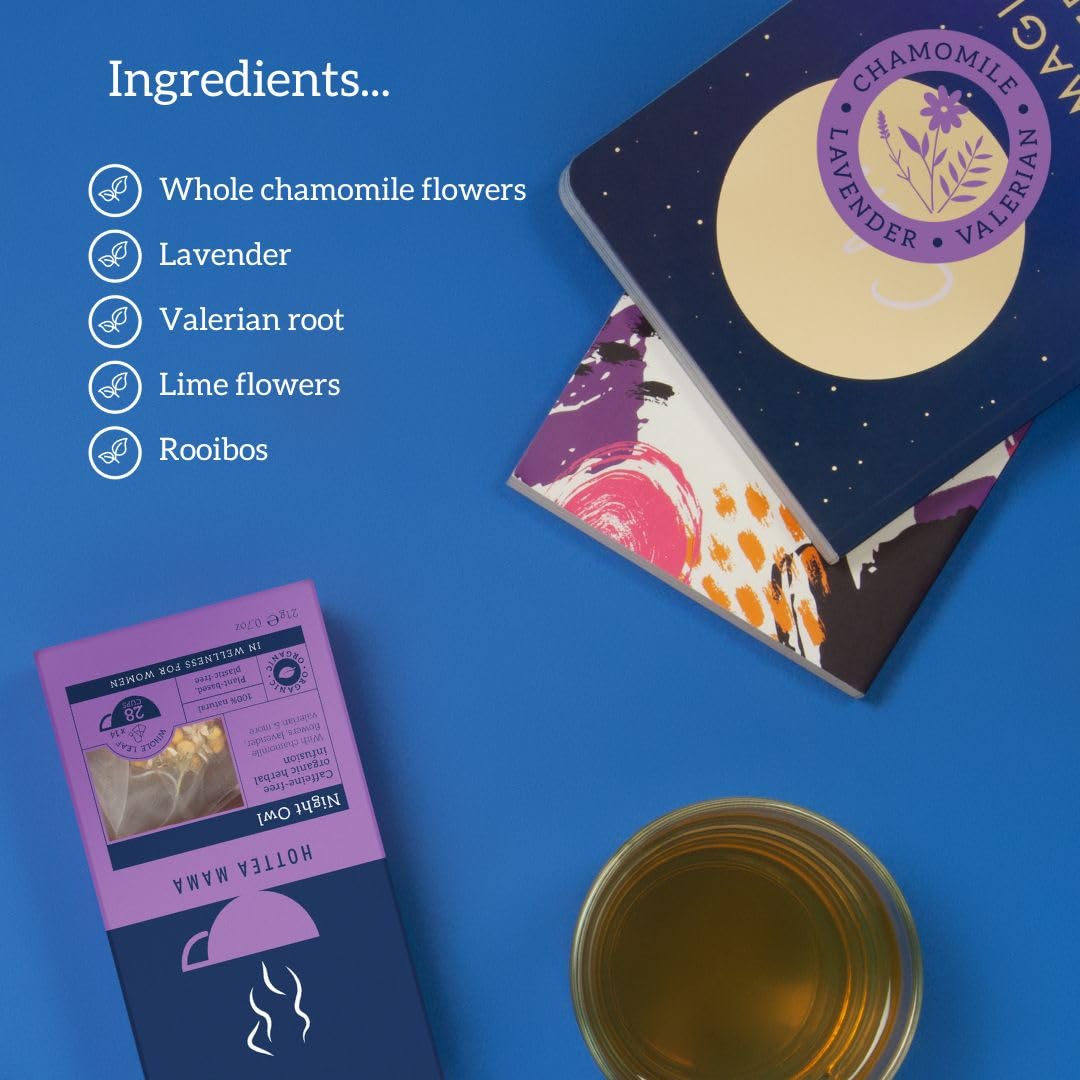 HOTTEA MAMA | Night Owl | Organic | Sleep Support Tea | Caffeine-Free | Postpartum & Breastfeeding Support | 14 Whole Leaf Biodegradable Bags (28 Cups Of Tea)