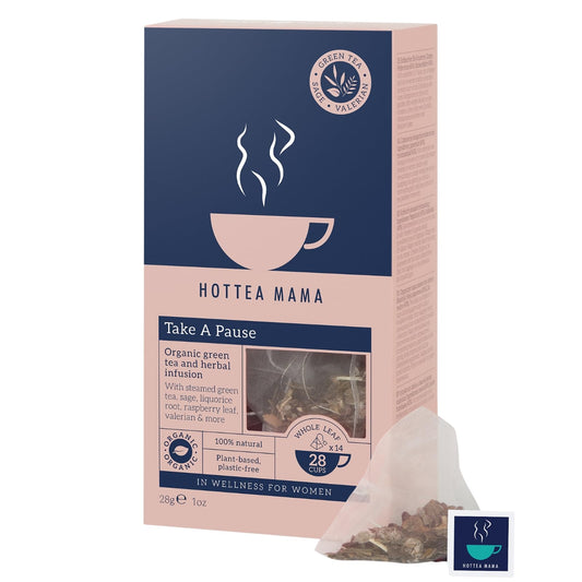 HOTTEA MAMA | Take A Pause | Menopause Support Tea | Green Tea, Ginseng, Sage, Valerian, Raspberry Leaf | 14 Whole Leaf Biodegradable Bags (28 Cups)