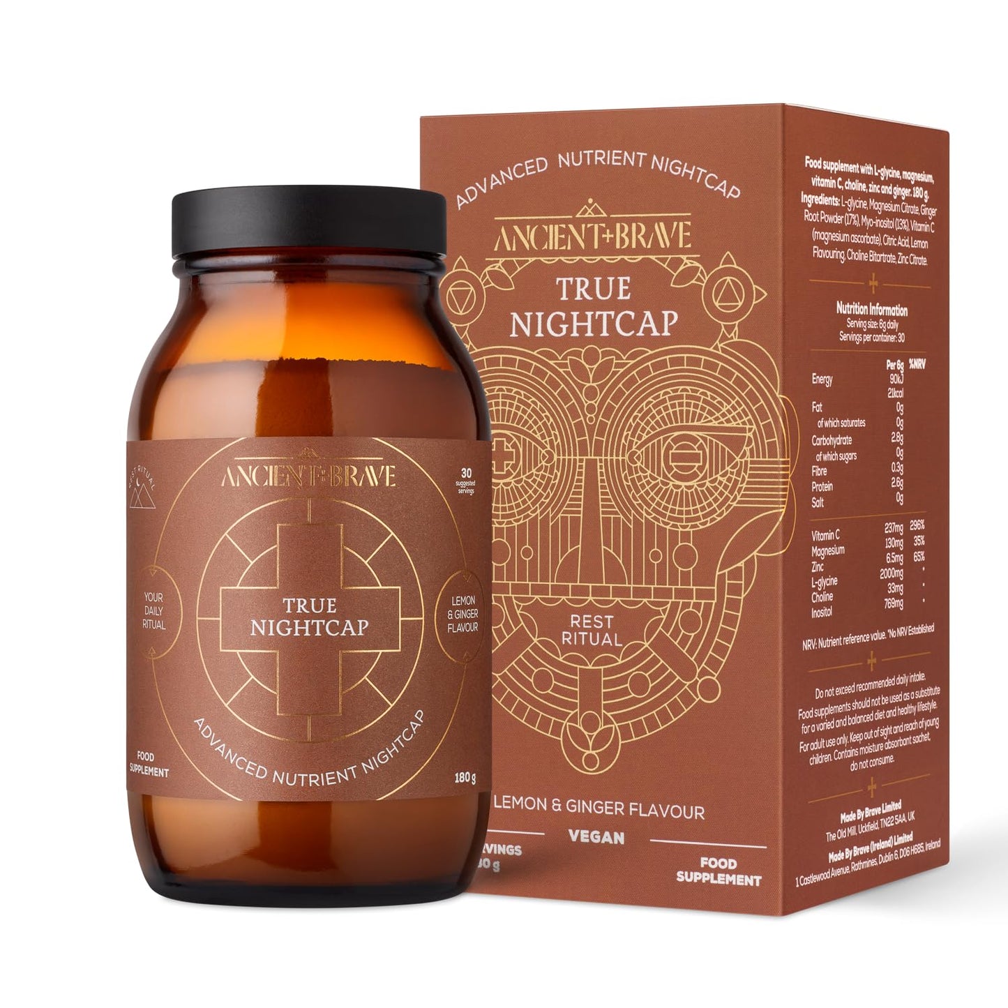 Ancient + Brave True Nightcap 180g - Sleep Supplement for Adults with Magnesium, Zinc, Vitamin C, Amino Acids - Natural Sleep Aid Powder - Recover Sleep, Anxiety Support, Lemon Ginger Flavor, Vegan