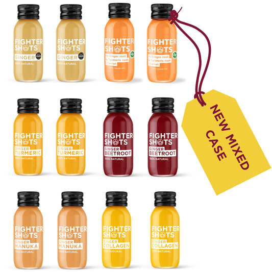 Fighter Shots Discovery Pack of 6 Flavors (12x60ml) | Ginger, Turmeric, Collagen, Beetroot, Manuka & Vegan Turmeric | Post-Workout Pick Me Up | No Added Sugar | 100% Natural | No Preservatives