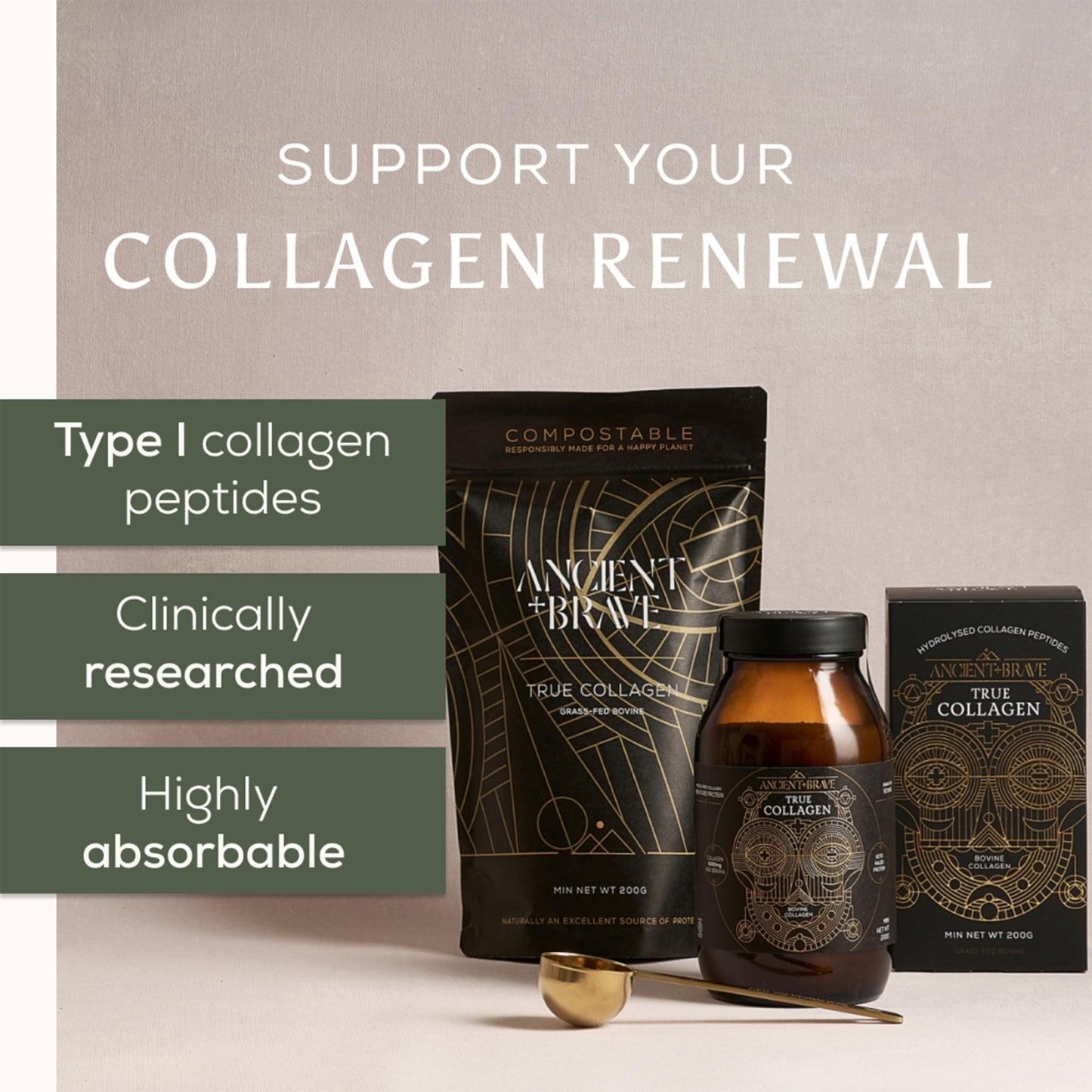 Ancient + Brave True Collagen 200g - Grass-Fed Bovine Collagen Powder - 100% Hydrolysed Collagen Peptides (Type 1) - High Protein, Fasting, Keto - Anti-Ageing, Skin, Hair & Nail Health